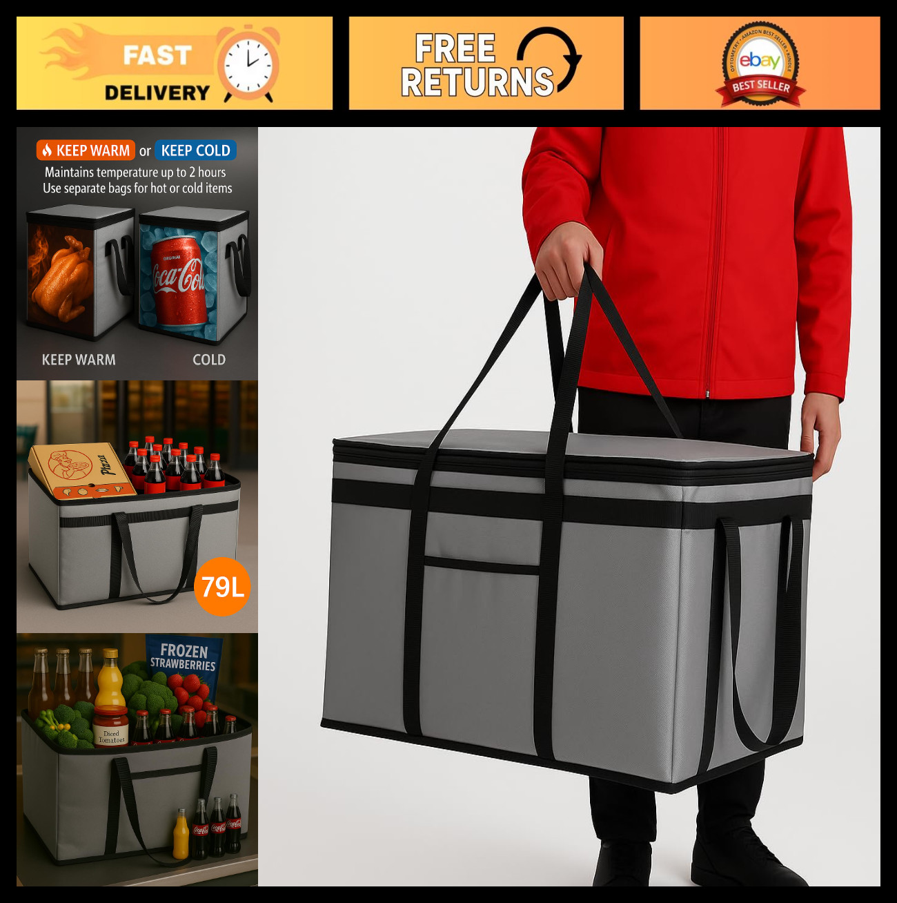 XXXL Insulated Catering Bag 22x14x13 – Heat Retaining Food Delivery Cooler – Gra