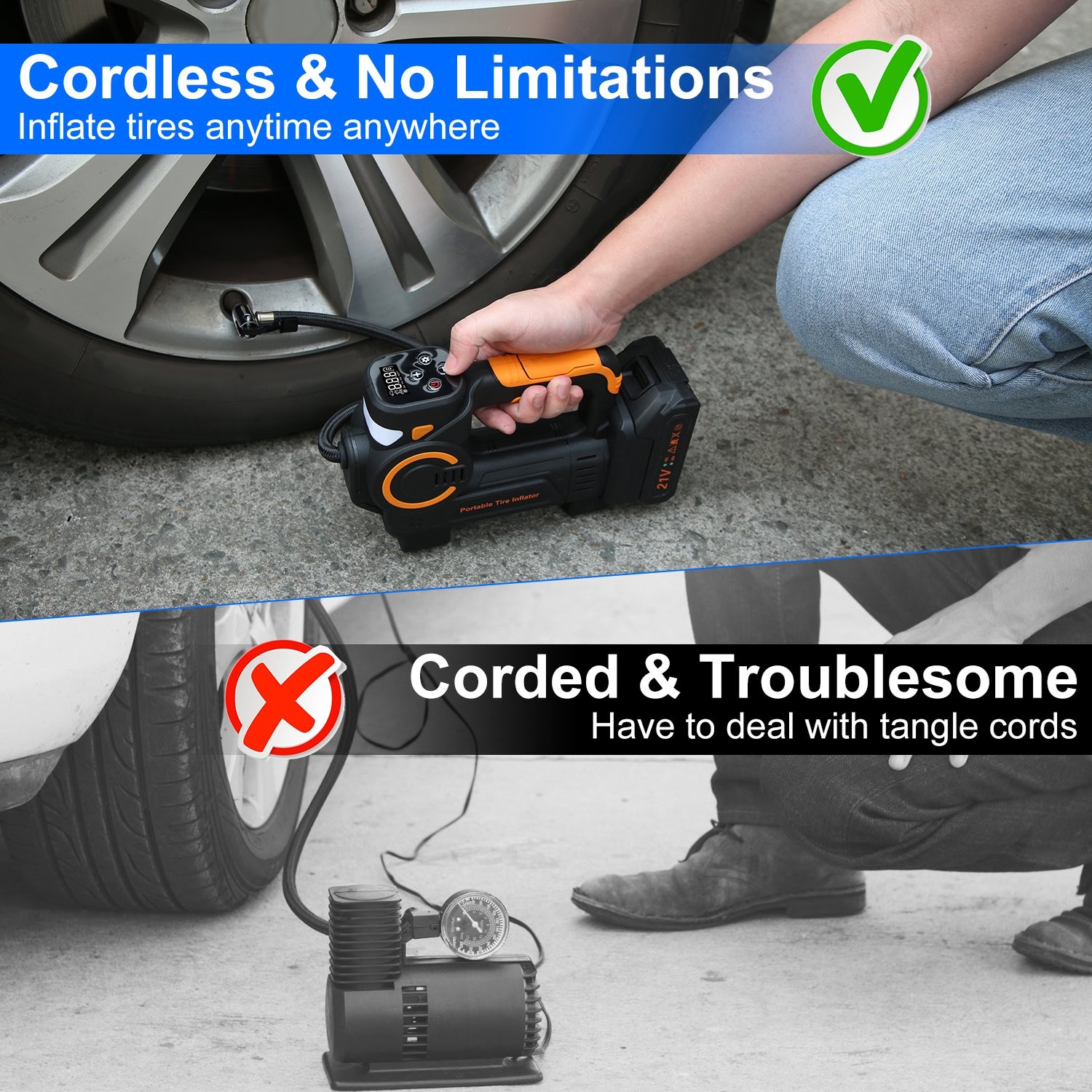 1Pc 140W 150PSI 21V Battery Powered Tire Inflator Cordless Air Inflator Digital