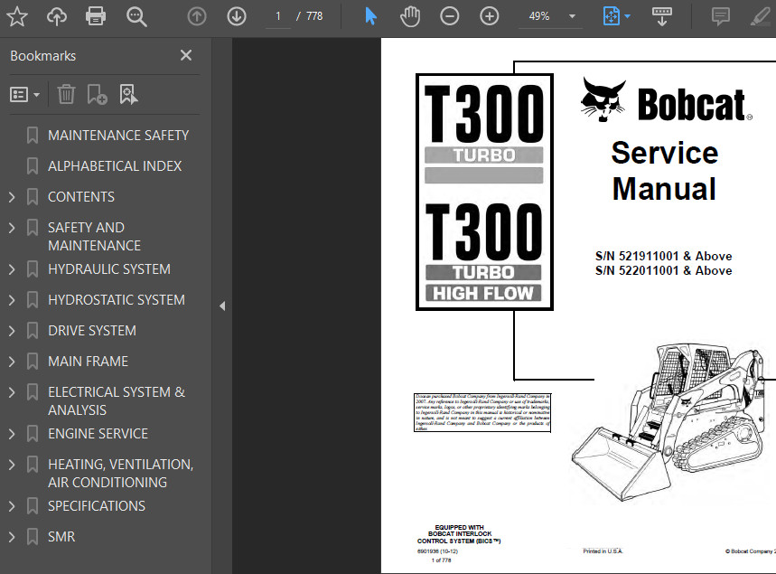 BOBCAT T300 COMPACT TRACK LOADER OPERATORS SERVICE REPAIR SHOP MANUAL PDF USB