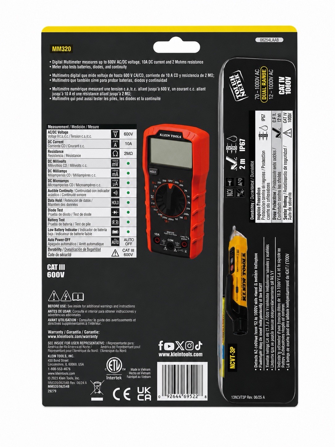 Klein Tools MM320 & NCVT-3P Digital Multimeter Kit CAT III 600V Tester Portable
