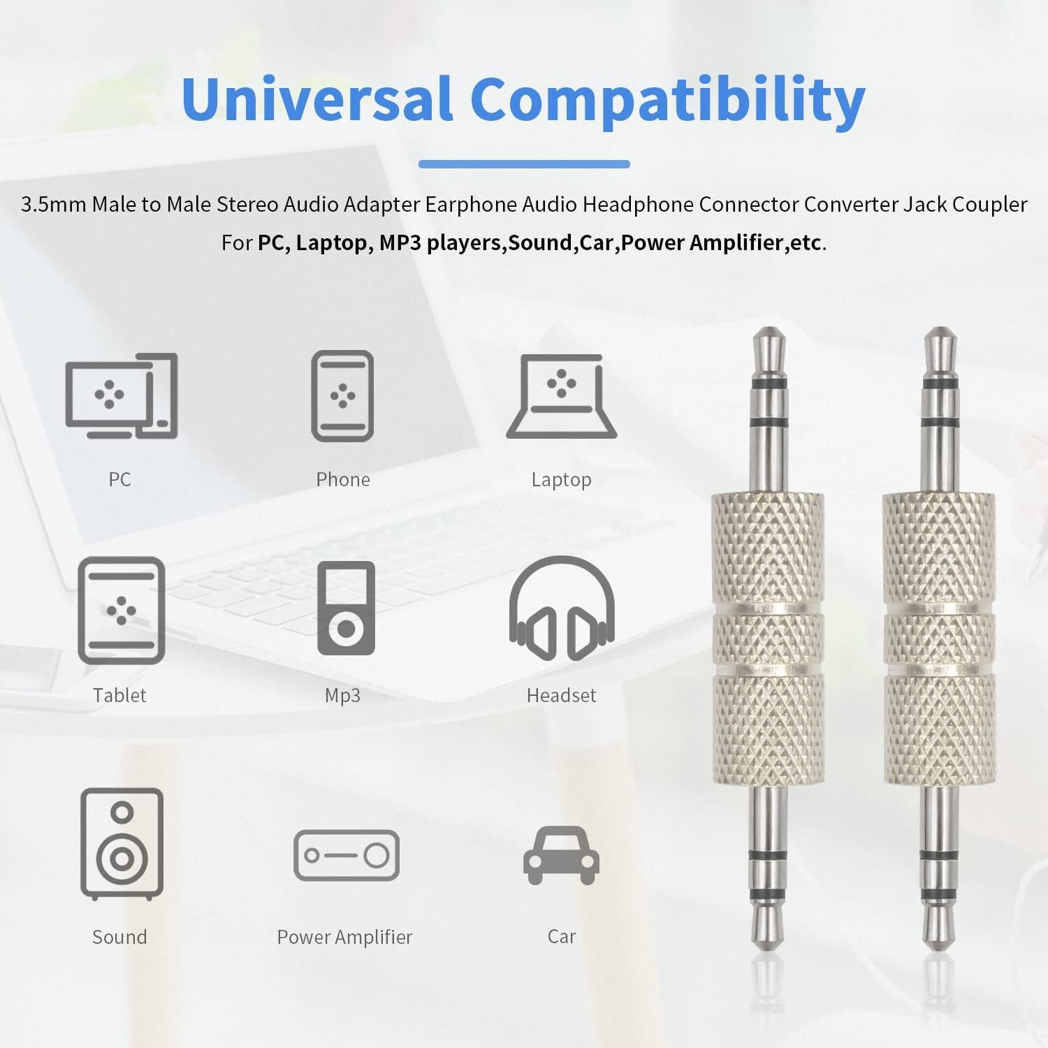 Metal Silver 3.5mm Male to Male Stereo Audio Adapter Earphone Audio Headphone