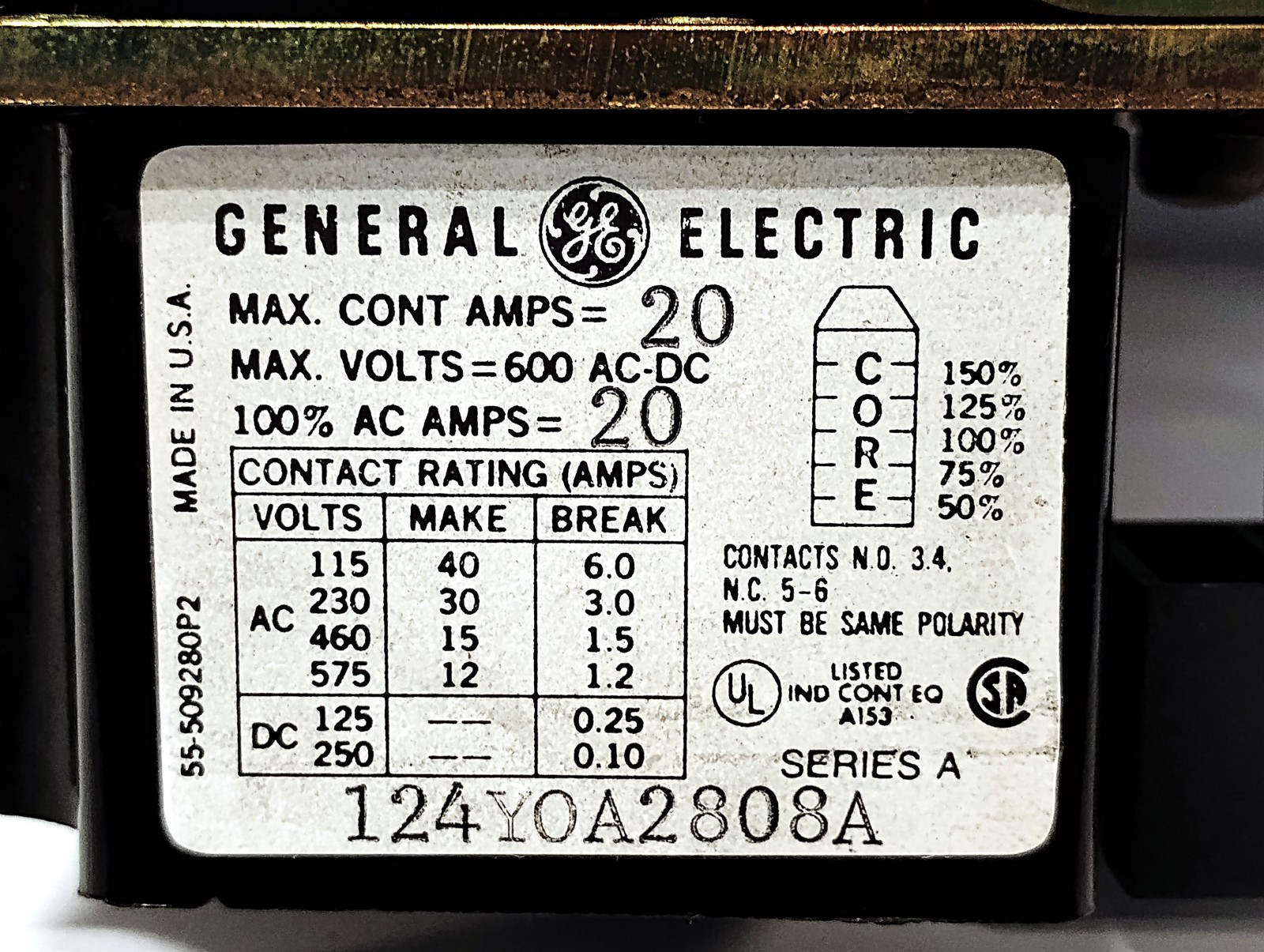 GE 124YOA2808A 600 V 20 A Dashpot Relay