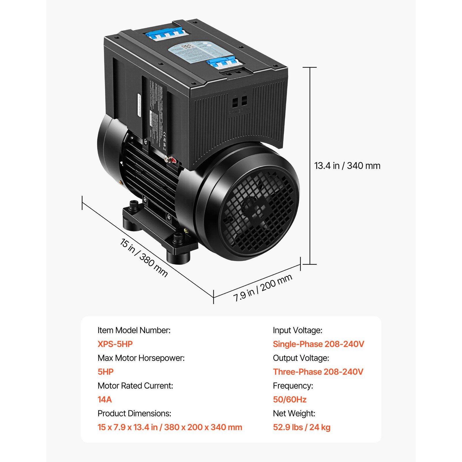 Uimoso Single to Three-Phase Rotary Phase Converter 5HP 14A208-240V Input/Output