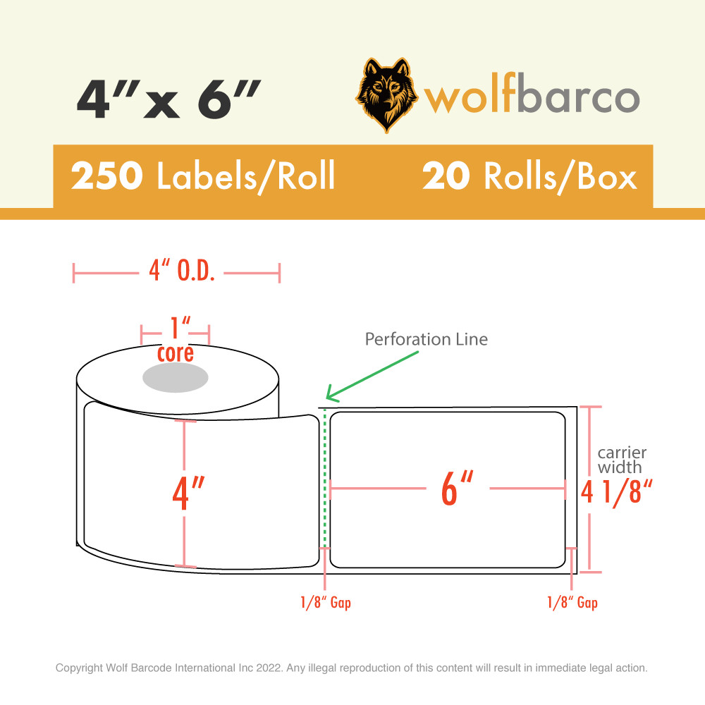 20 Rolls (5000) 4″x6″ Direct Thermal Shipping Label 250/Roll Zebra LP2844/ZP450