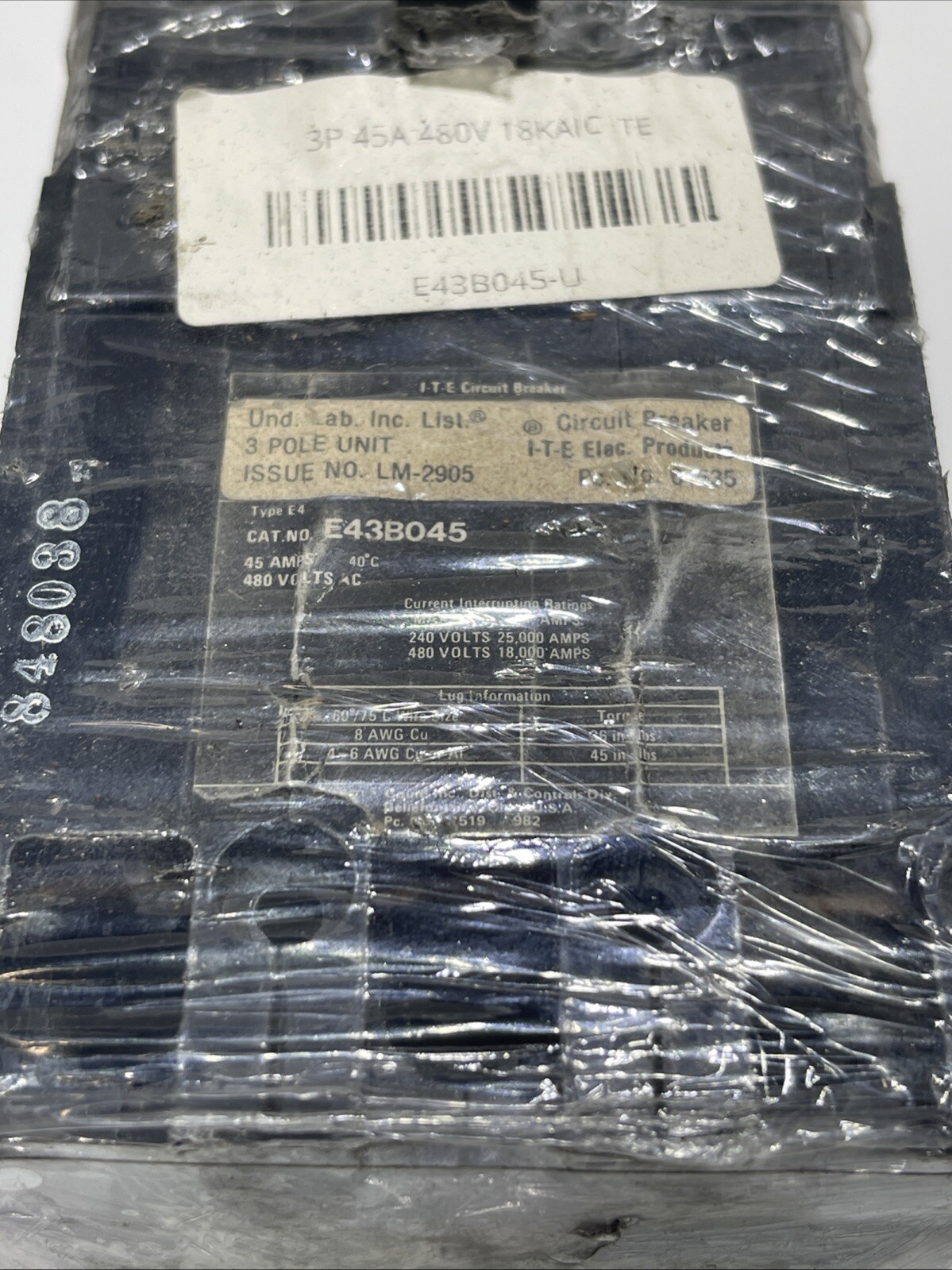 ITE Circuit Breaker E43B045 45 Amps 3 Pole 480V
