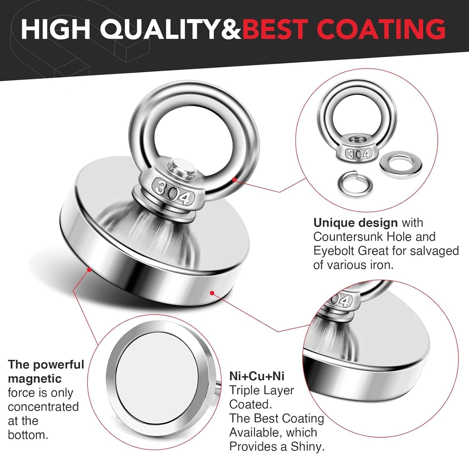 150 Lb Neodymium Fishing Magnet 1.42 Inch with Eyebolt for Salvage & Retrieval