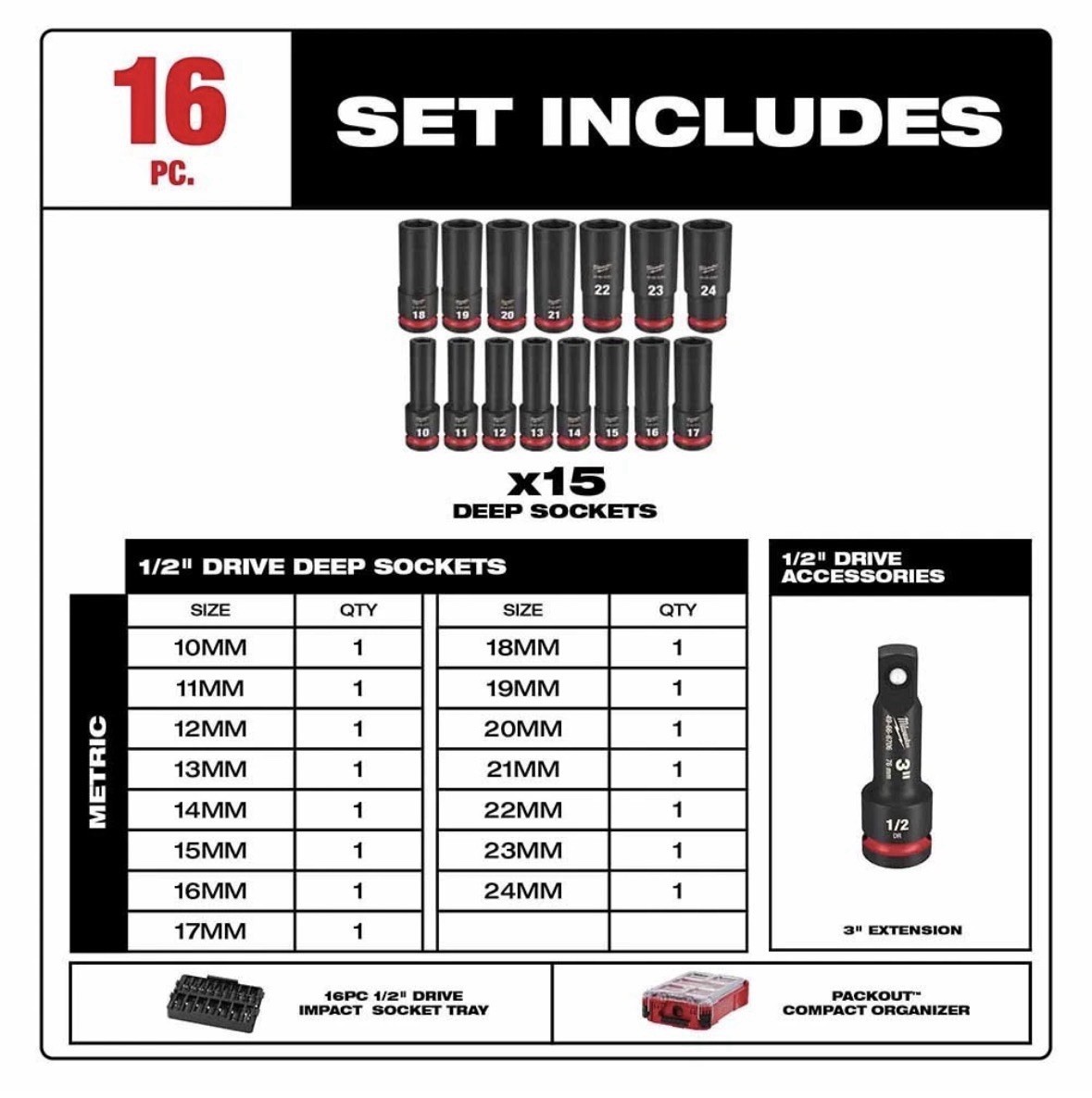 Milwaukee 49-66-6803 Shockwave Impact Duty Socket 1/2″ Drive 16-Pc Packout Set