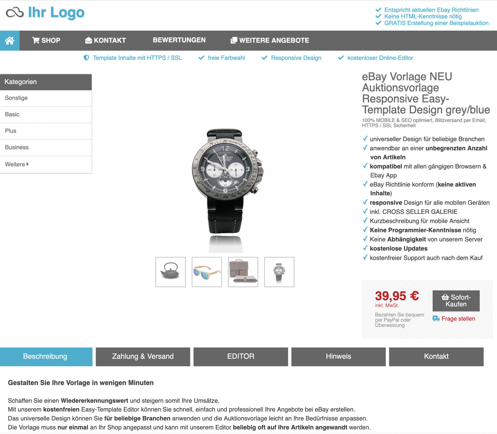 eBay Vorlage NEU Auktionsvorlage Responsive Easy-Template Design grey/blue
