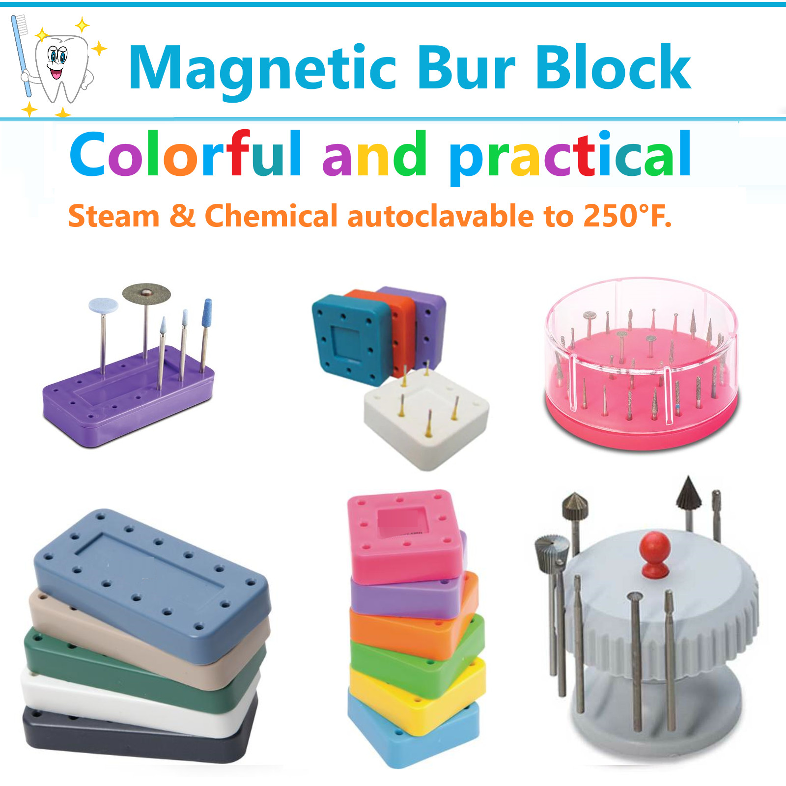 Dental Bur Block Magnetic RECTANGULAR Lab Holder Station Holds 14 Burs FG, HP RA