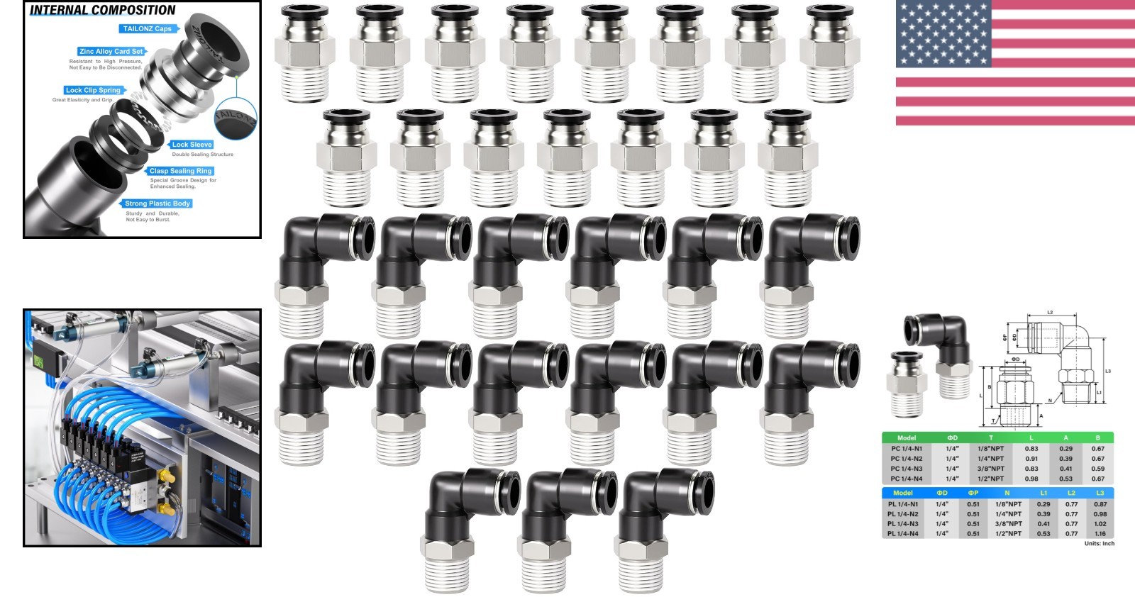 Durable Copper & Plastic Elbow/ Straight Push-in Connectors – 1/4″ OD x 1/8″ NPT