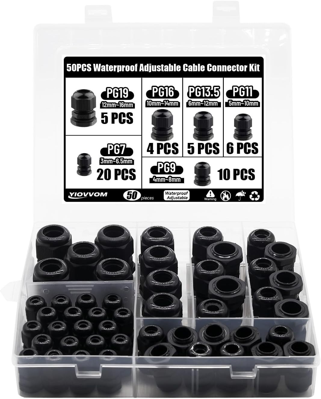 Cable Glands 50 pcs Cable Gland Waterproof joints, Adjustable Black 3-16mm Wa…