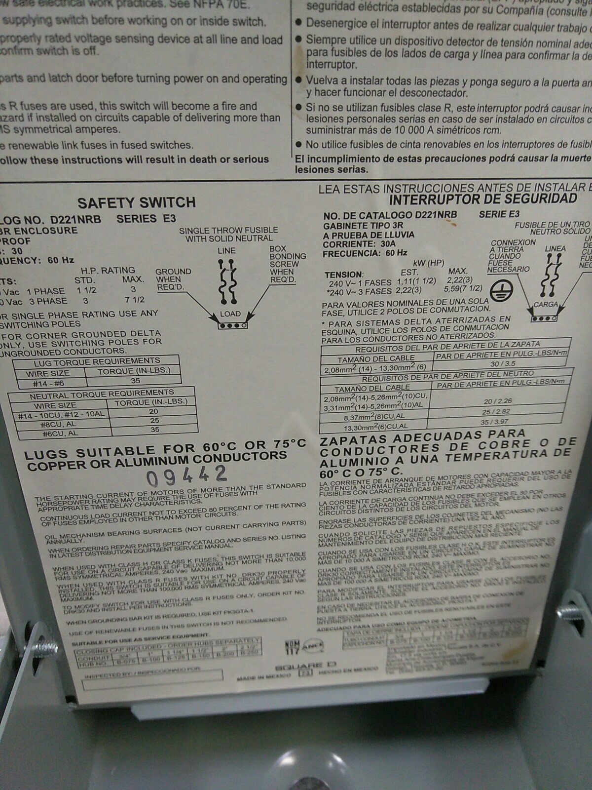 Square D D221NRB SER E3 Disconnect 30A 240VA SAFETY Switch TYPE 3R (BMBS-2B