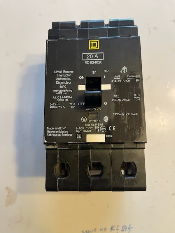 SQUARE D 20AMP 240-480-277V 3 POLE BOLTON RATING 25KA EDB34020