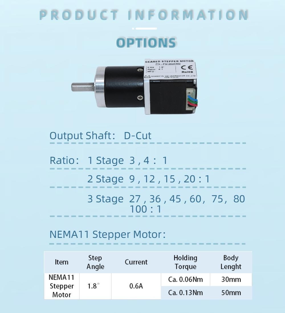 PL28 Planetary Gearbox NEMA 11 Stepper Motor 0.6A Ratio 3~100:1