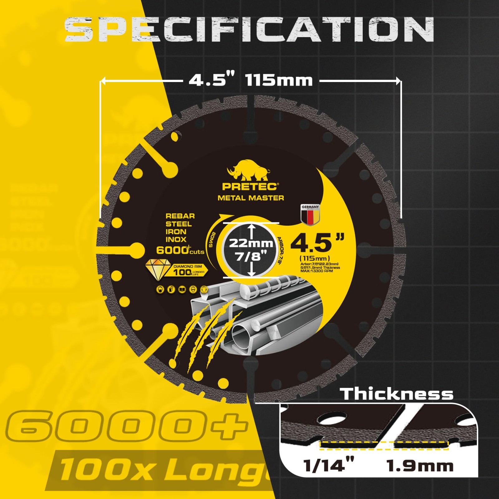 Diamond Cutting Wheel 4 1/2 Inch Metal Cut-Off with 6000+ Cuts on Rebar – 3 Pack