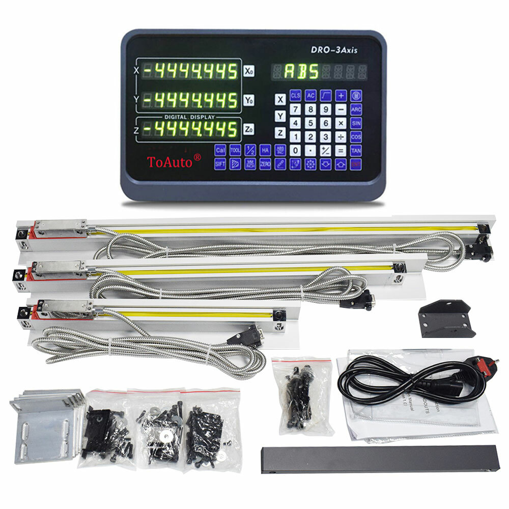 TOAUTO DRO 3 Axis Digital Readout Display+3pc Glass Linear Scale for Mill Lathe