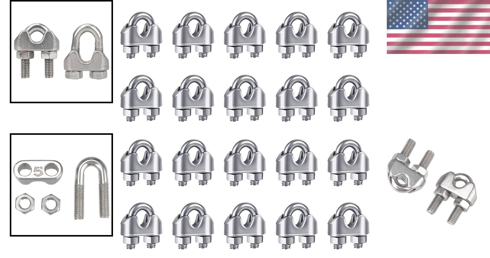 20PCS M5 3/16 Stainless Steel Wire Rope Cable Clip Clamp U-Bolt Clamp Kit