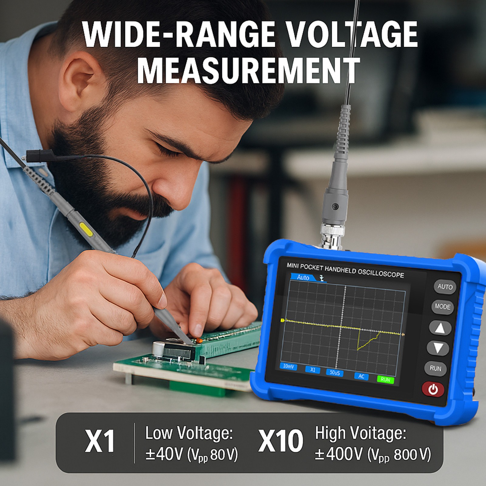 Mini Oscilloscope Handheld – 500kHz Bandwidth, AUTO Set, Perfect for Electronics