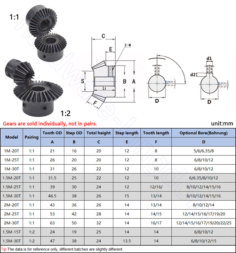 Mod 1/1.5/2 90° Pairing Bevel Gear 1:1/1:2 15T-30T Bore 5/6/6.35/8/10/12/14-25mm
