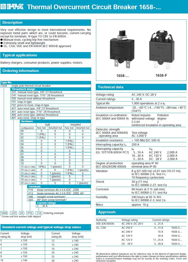 E-T-A ETA Thermal Circuit Breaker 1658 Series – With HARDWARE Options