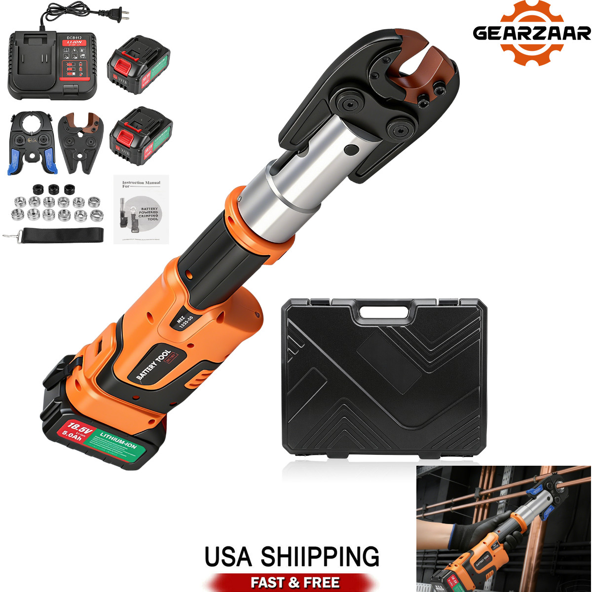 Copper Pro Press Tool Pipe Crimping Kit Press Tool Battery Kit 1/2″ 3/4″ 1″ Jaw