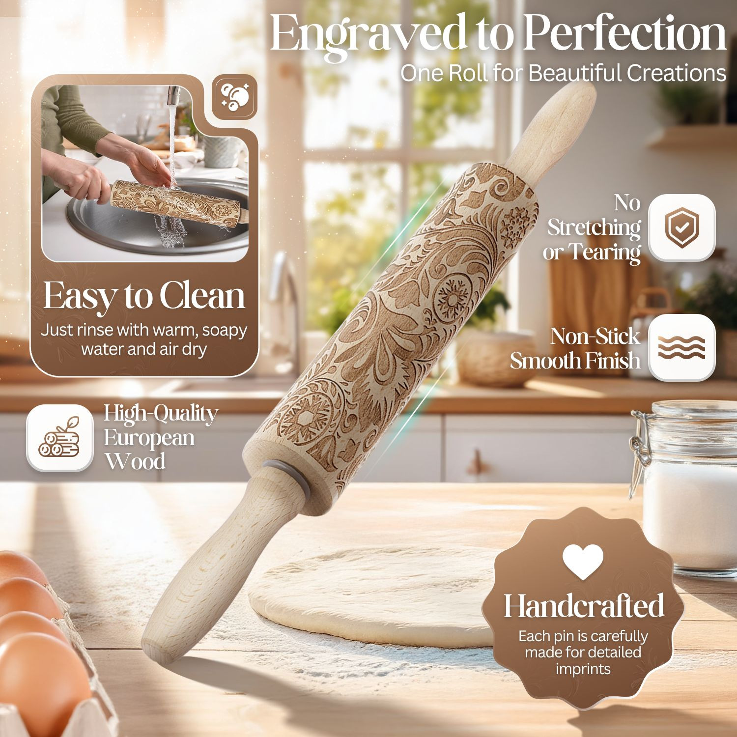 Embossed Rolling Pins With Patterns for Baking, 7.7-inch Engraved Wooden Rolling
