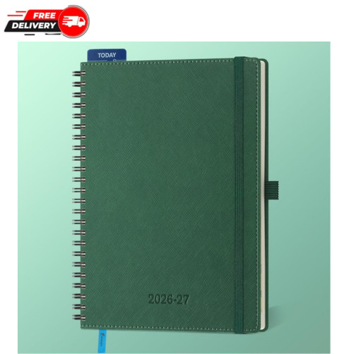 IN-LUXPRO 2026-2027 Green Vegan Leather Spiral Planner Agenda 8.5×6.5