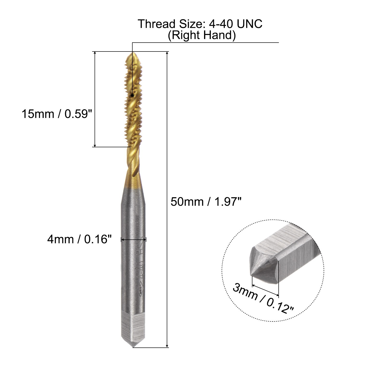3pcs Spiral Flute Thread Taps 4-40 UNC H2 Ti-Coated Screw Threading Tapping
