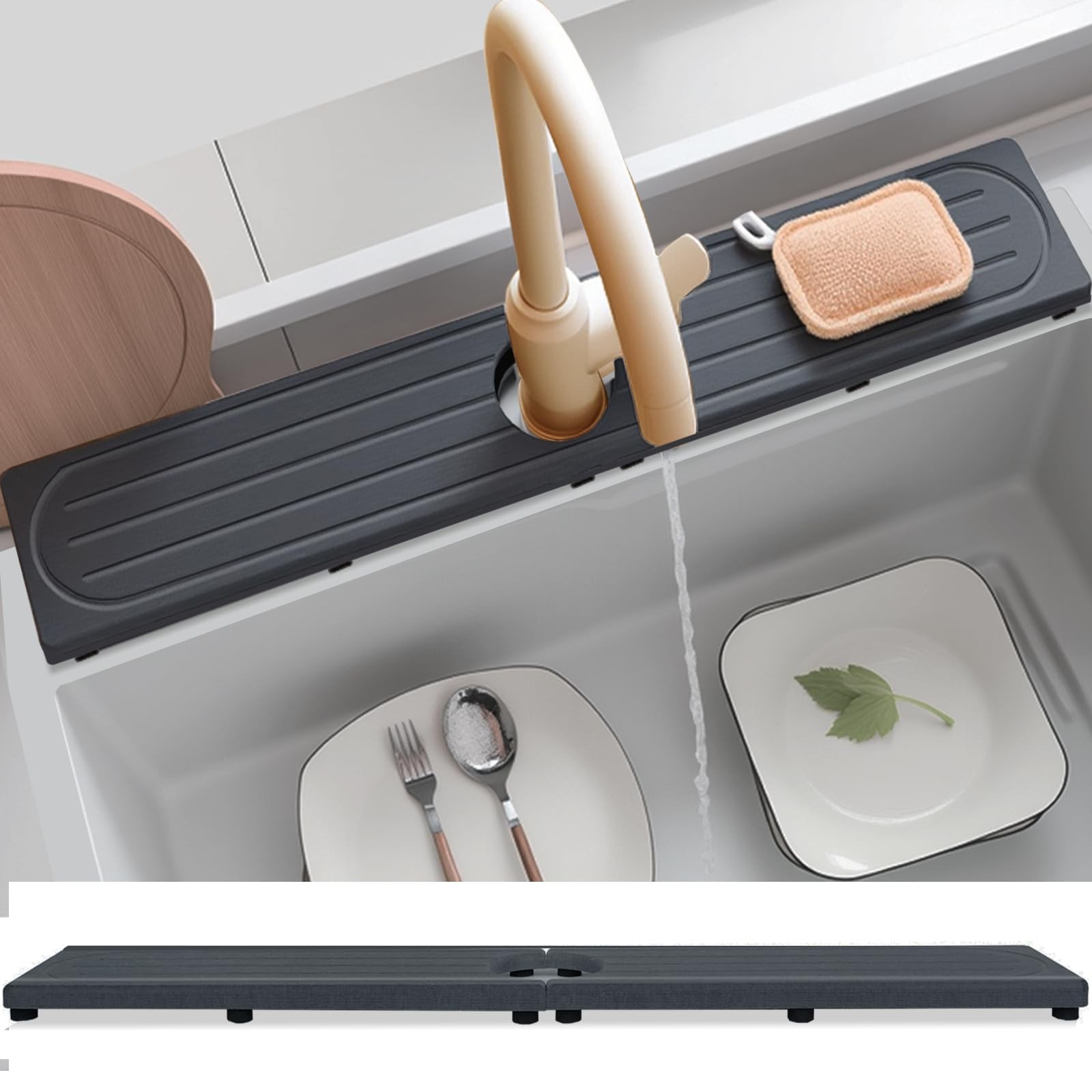 Fast Drying Stone Faucet Mat for Kitchen Sink 20″ x 4″, Dark Gray Style 1
