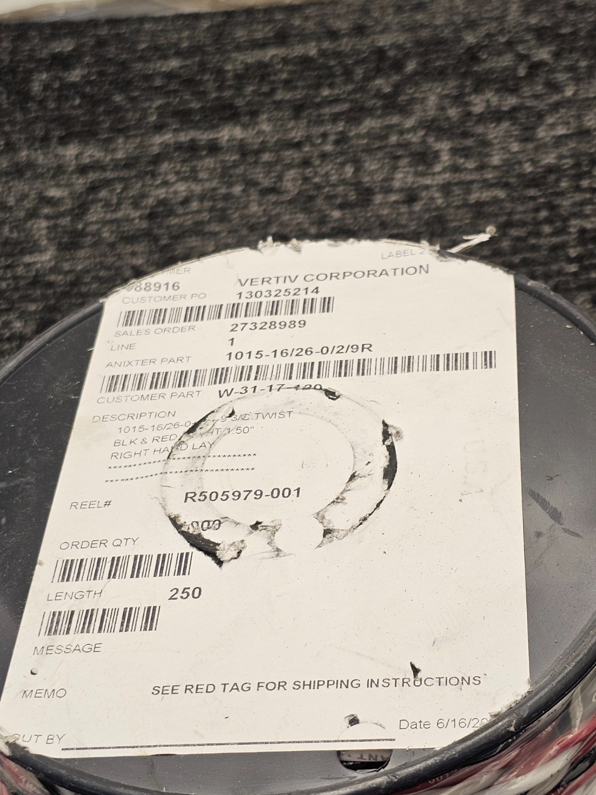 Vertiv 101-16/26/-0/2/9R 250 Feet Black Red White 1.50″ Twisted Wire