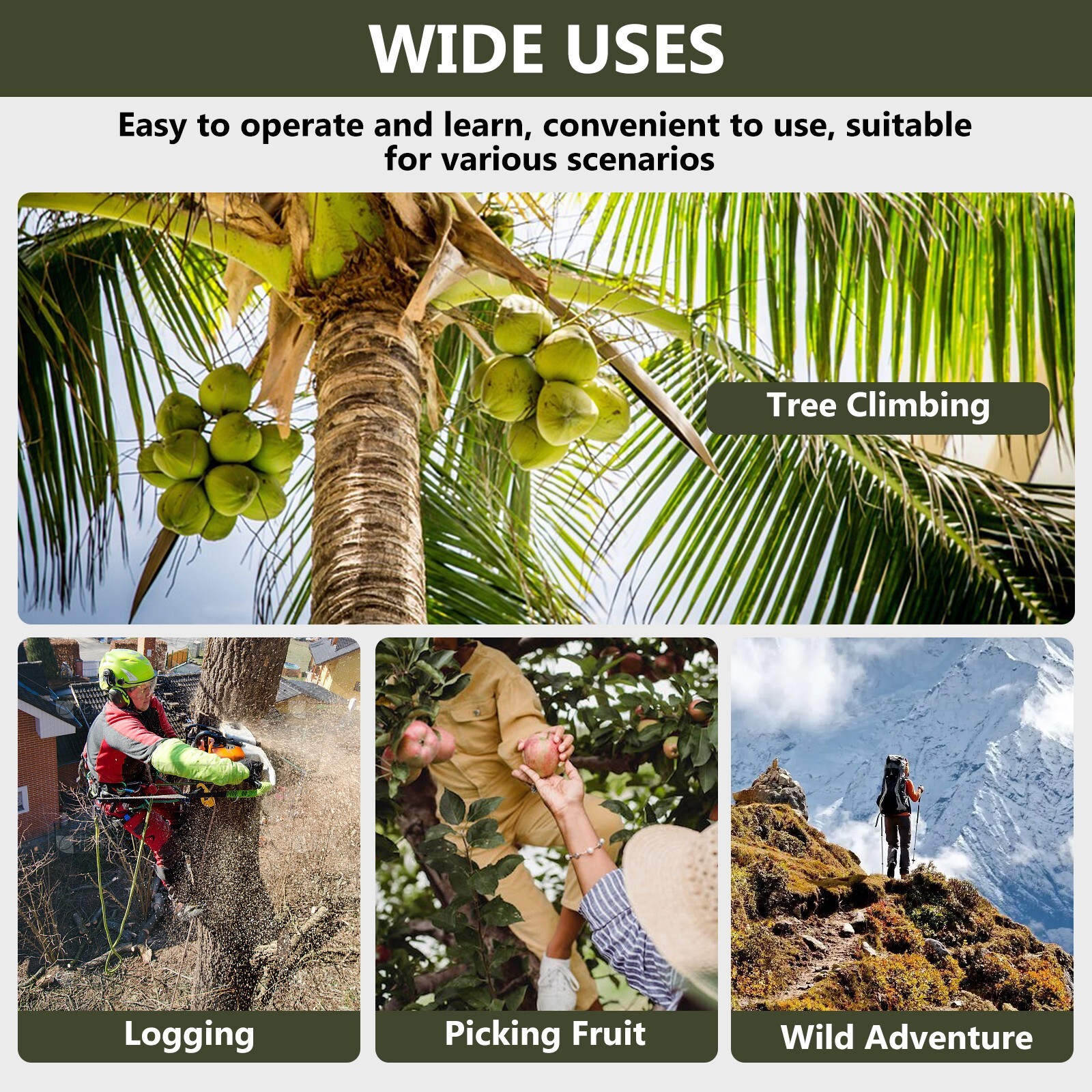 Tree Climbing Spikes Adjustable Height Pole Tree Climbing Spurs Steel w/2 Gear