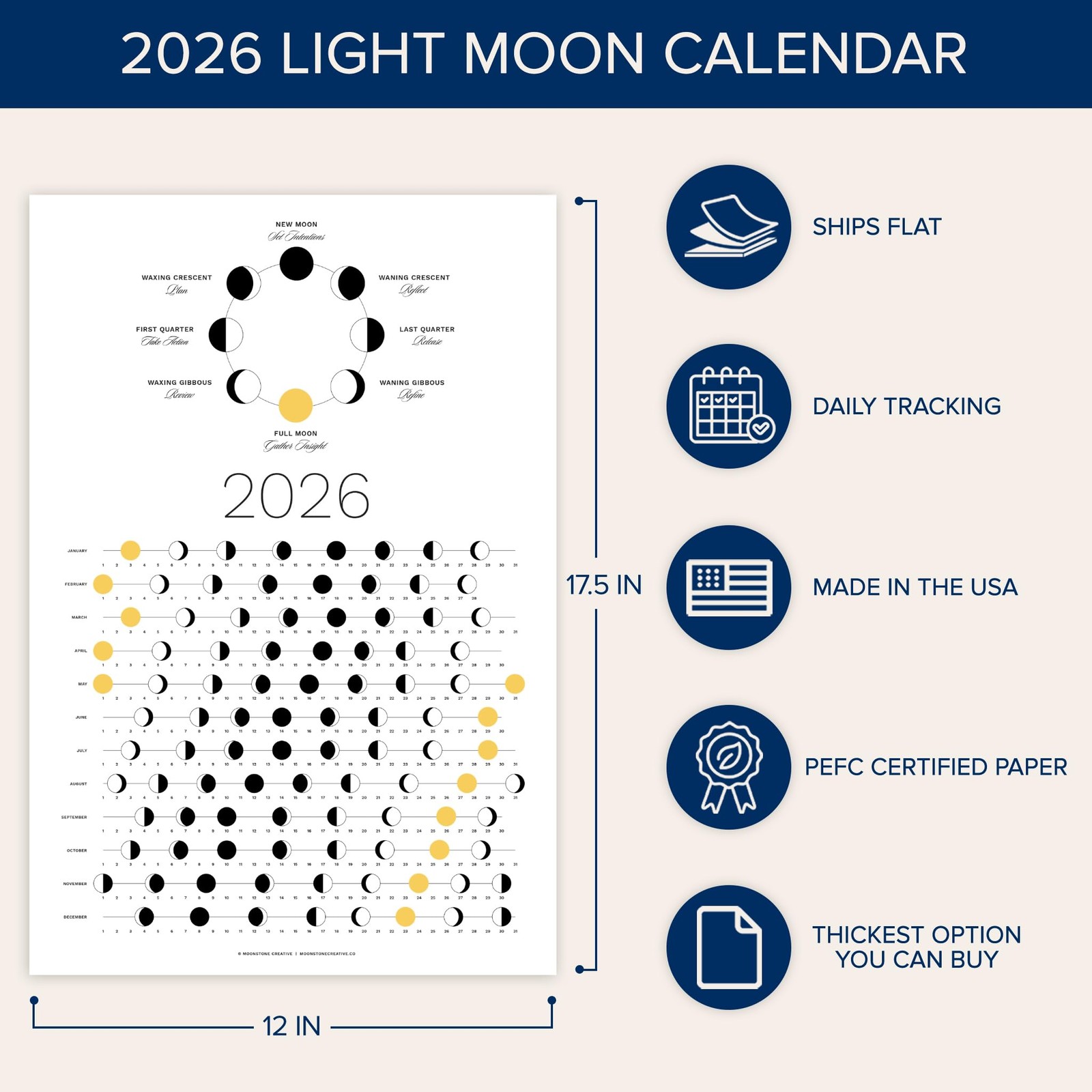 2026 Light Moon Phase Calendar (SHIPS FLAT) Hangable Lunar Wall 2026