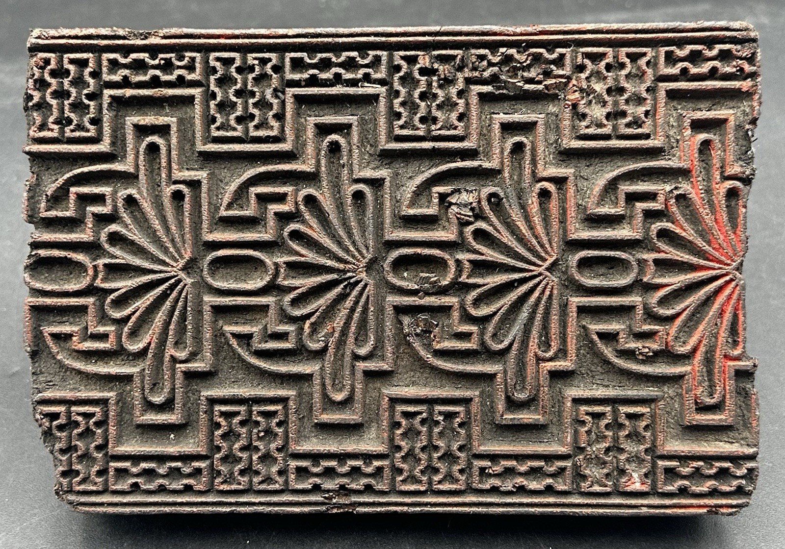 Antique Carved Wood Art Deco Geometric Textile Wallpaper Printing Block Stamp