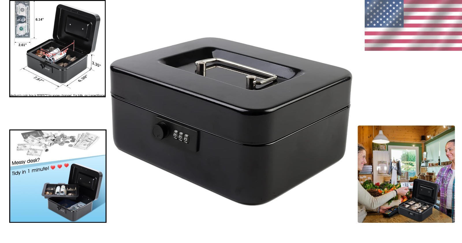 Everyday Use Portable Cash Box with Combination Lock – 7.87×6.30 Inches Black