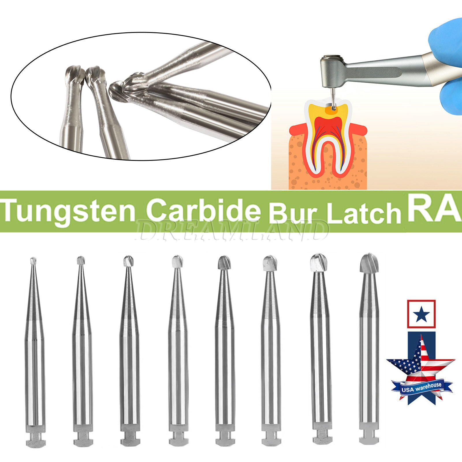 RA #1-8 Regular Round Carbide Burs for Slow Speed Latch Type RA1-RA8 Dental