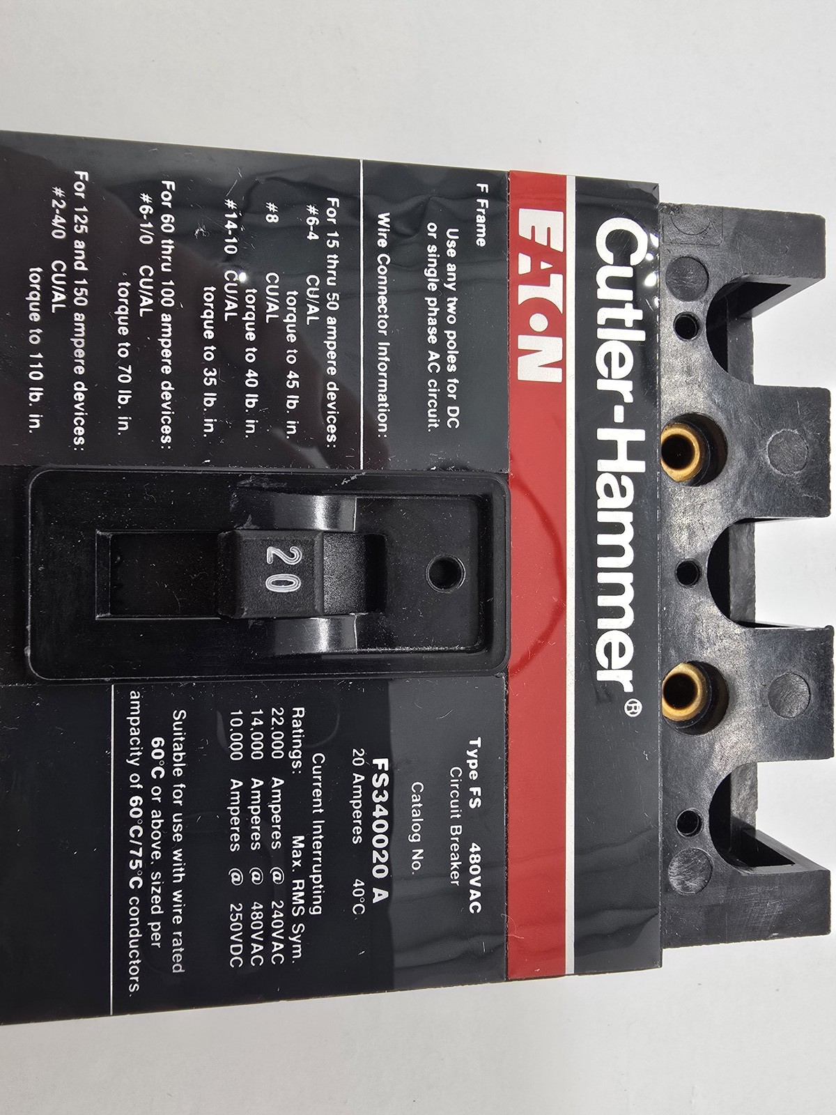 Cutler-Hammer FS340020A Bolt-On Circuit Breaker 20A 3P 3PH 480V 14KA FS