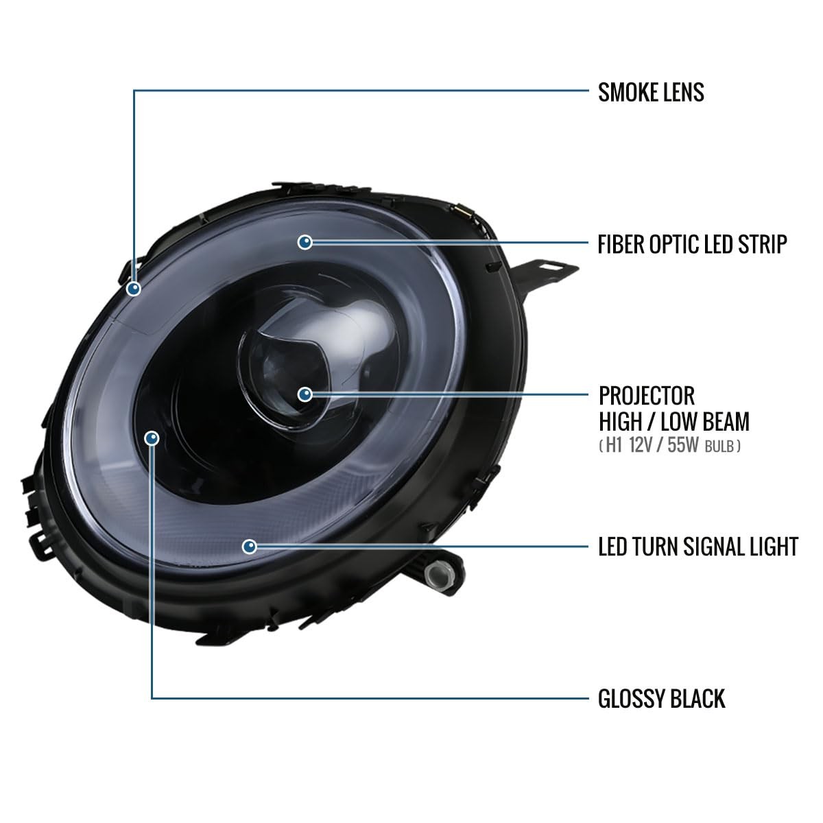 2007-2015 Mini Cooper R55-R59 LED Tube Projector Headlights Black Smoke Pair