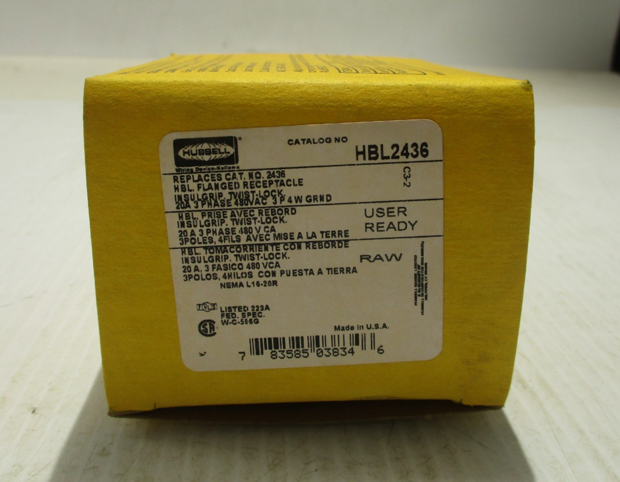 NEW HUBBELL HBL2436 TWIST-LOCK RECEPTACLE FLANGED 20A 480V 3P4W