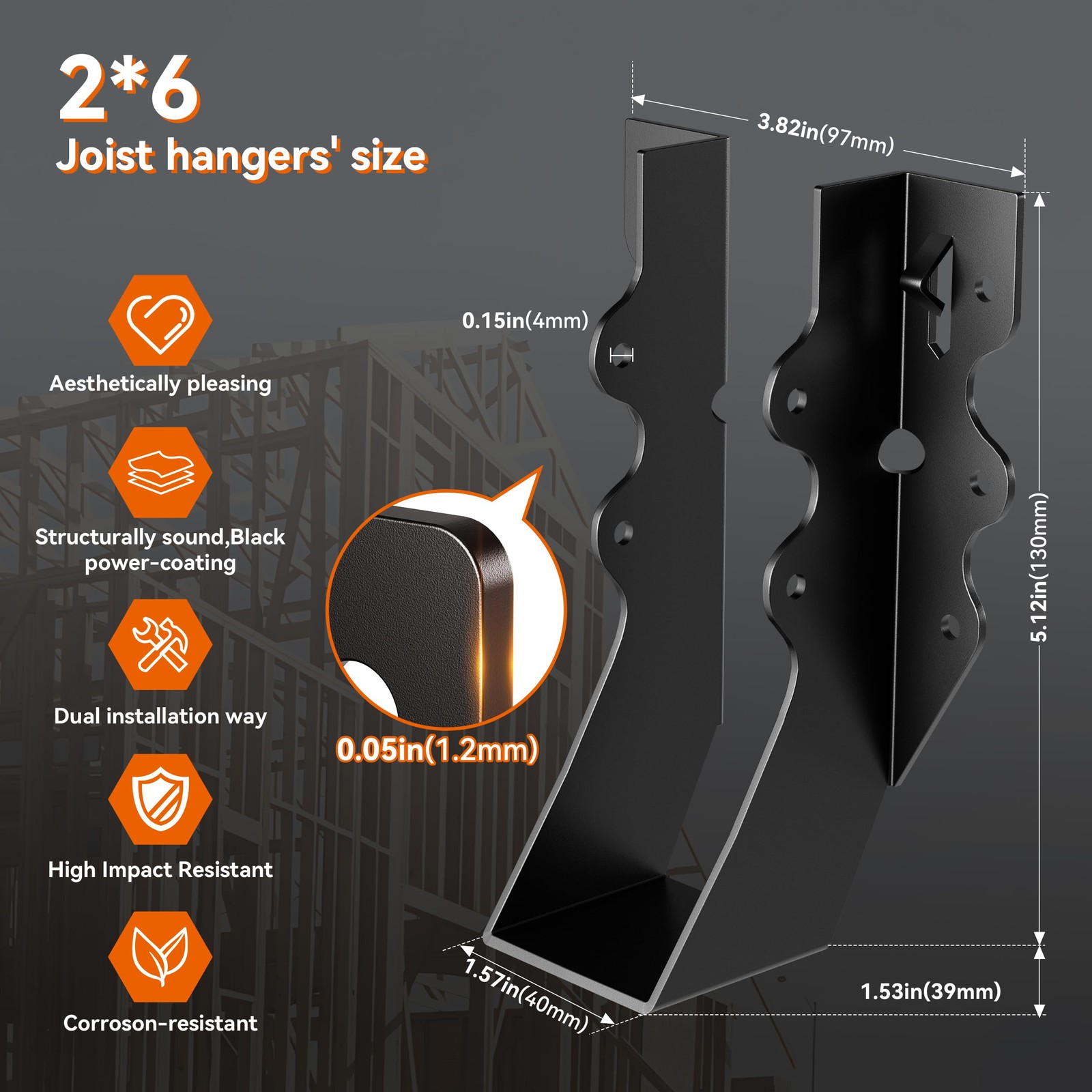 25 Pcs Black 2×6 Joist Hangers for Wood, Rafter Brackets, face Mount 2×6 Joist H