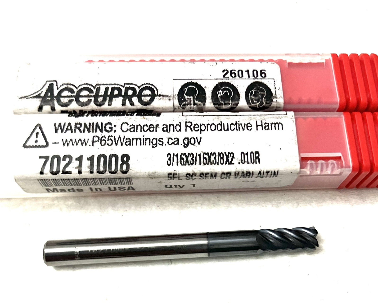 Accupro 70211008 3/16″ 5FL Corner Radius End Mill .015R Solid Carbide AlTiN NEW