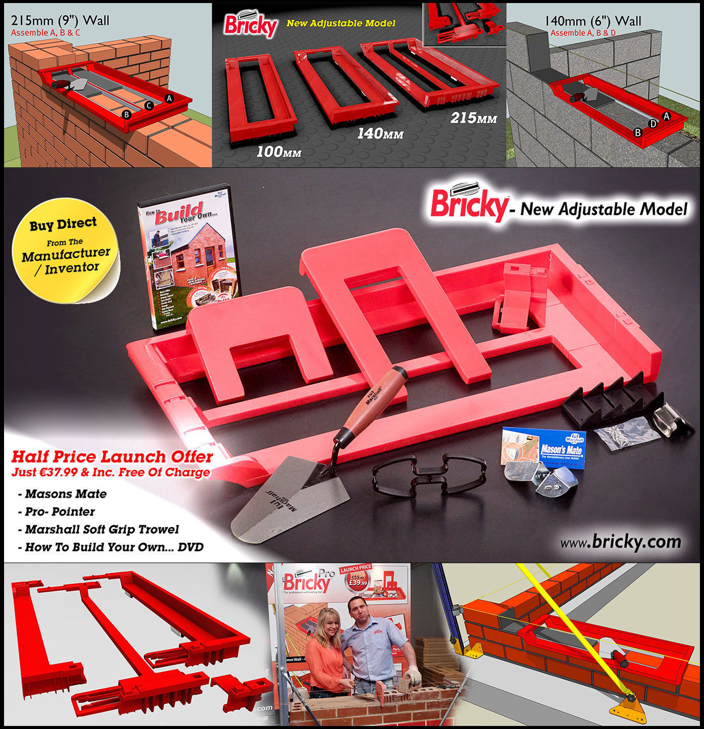 Bricky – Wall Building / Bricklaying Tool + trowel (Adjustable Model)