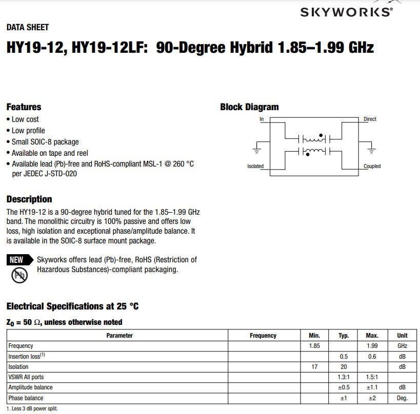 5pcs Skyworks HY19-12LF: 90-Degree Hybrid Coupler 1.85–1.99 GHz SOIC-8