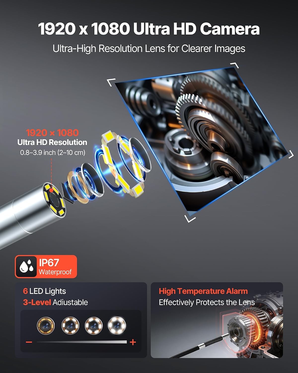 4.9FT 4-Way Articulating Borescope with Light, True 1080P HD Inspection Camera