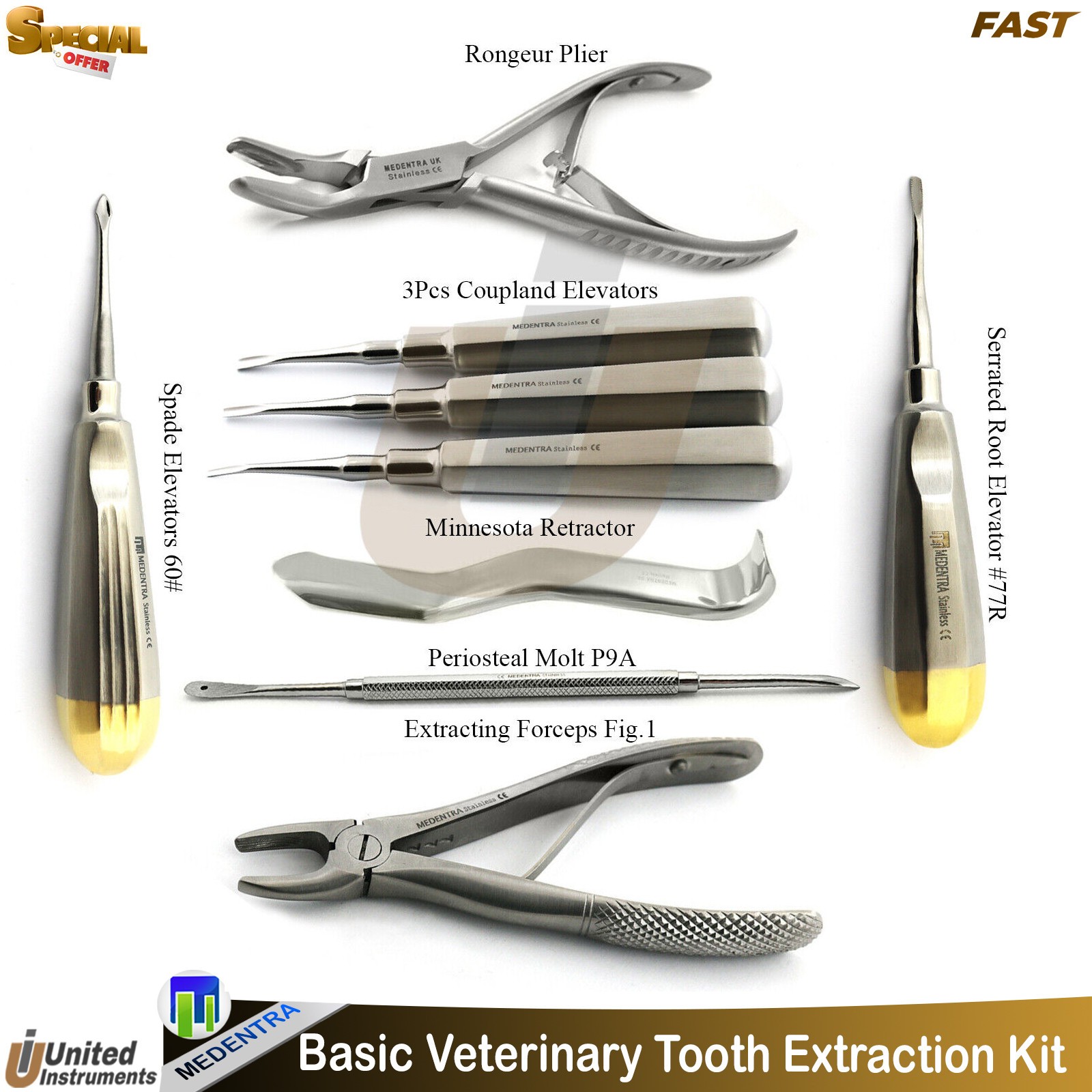 Basic Veterinary Tooth Extraction Kit Animal Oral Surgery Forceps Elevators
