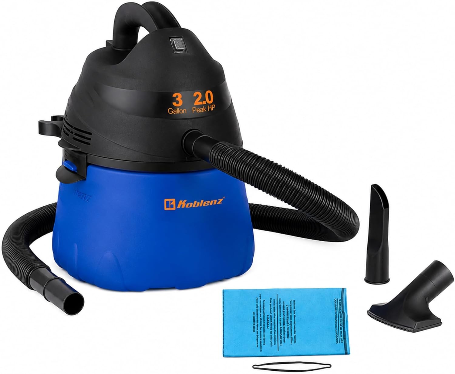 Koblenz Wet Dry Vacuum Cleaner, 3 Gallon 2.0 PHP, Twist-N-Lock Hose, Small Shop