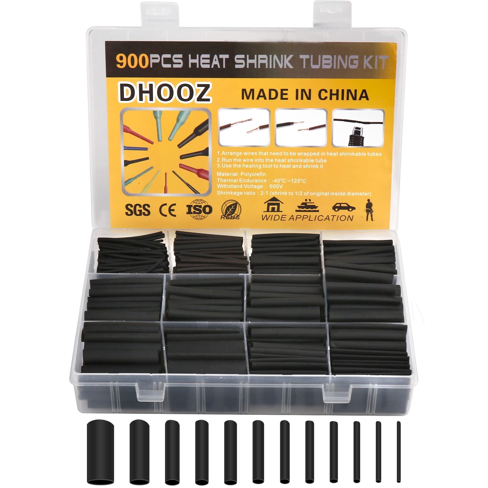 900 PCS Heat Shrink Tubing Kit Marine Grade Black Wire Wrap Assortment Electron