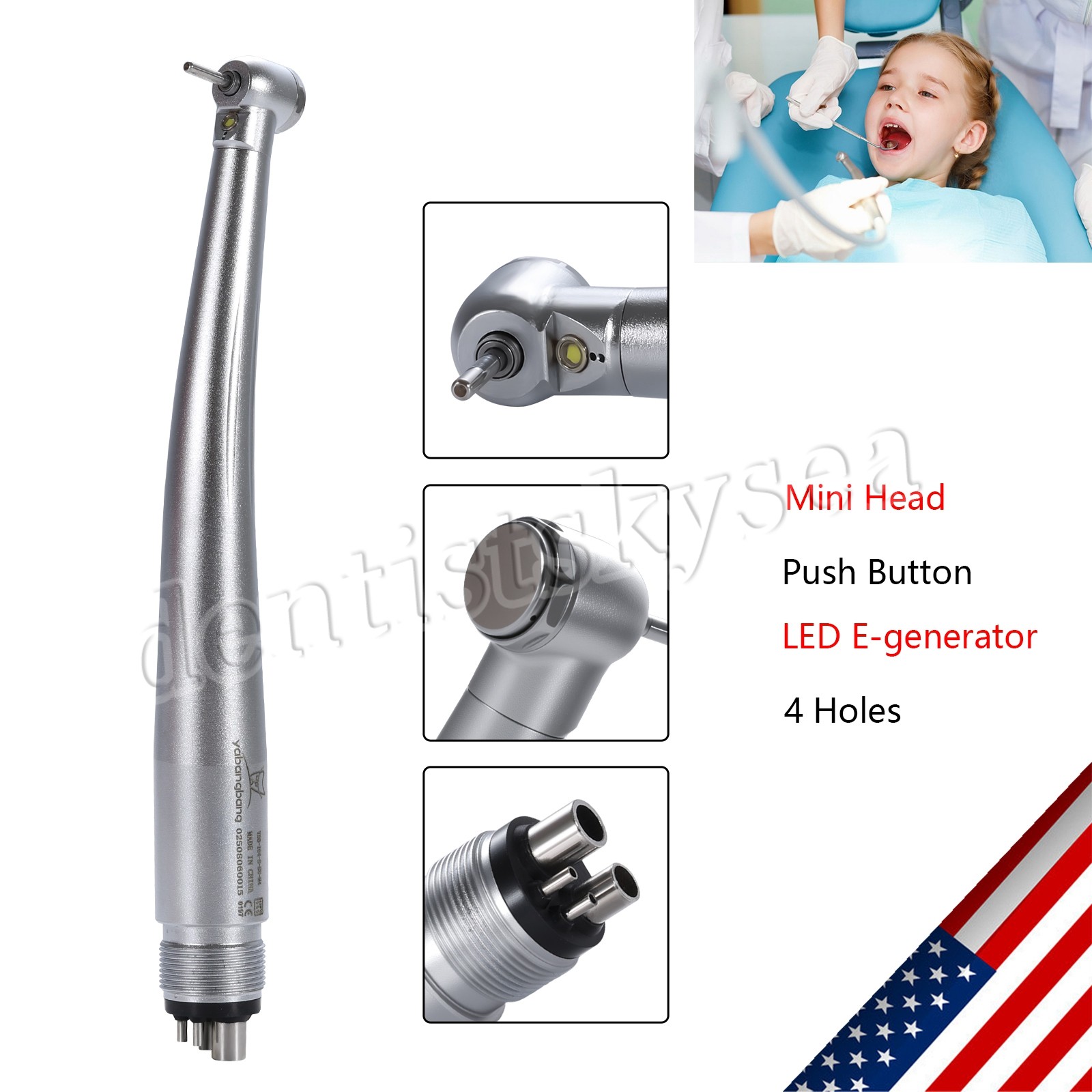 Mini Small Head Dental Fiber Optic LED E-generator Handpiece /High Speed 4Holes
