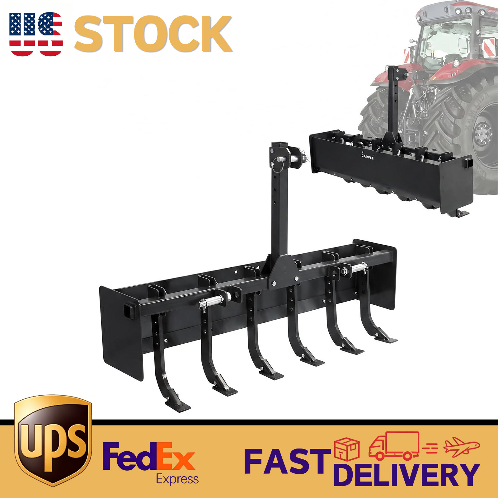 3 Point Hitch 55″Box Blade Scraper W/6 Adjustable Shanks Heavy Duty For Cat 0,1