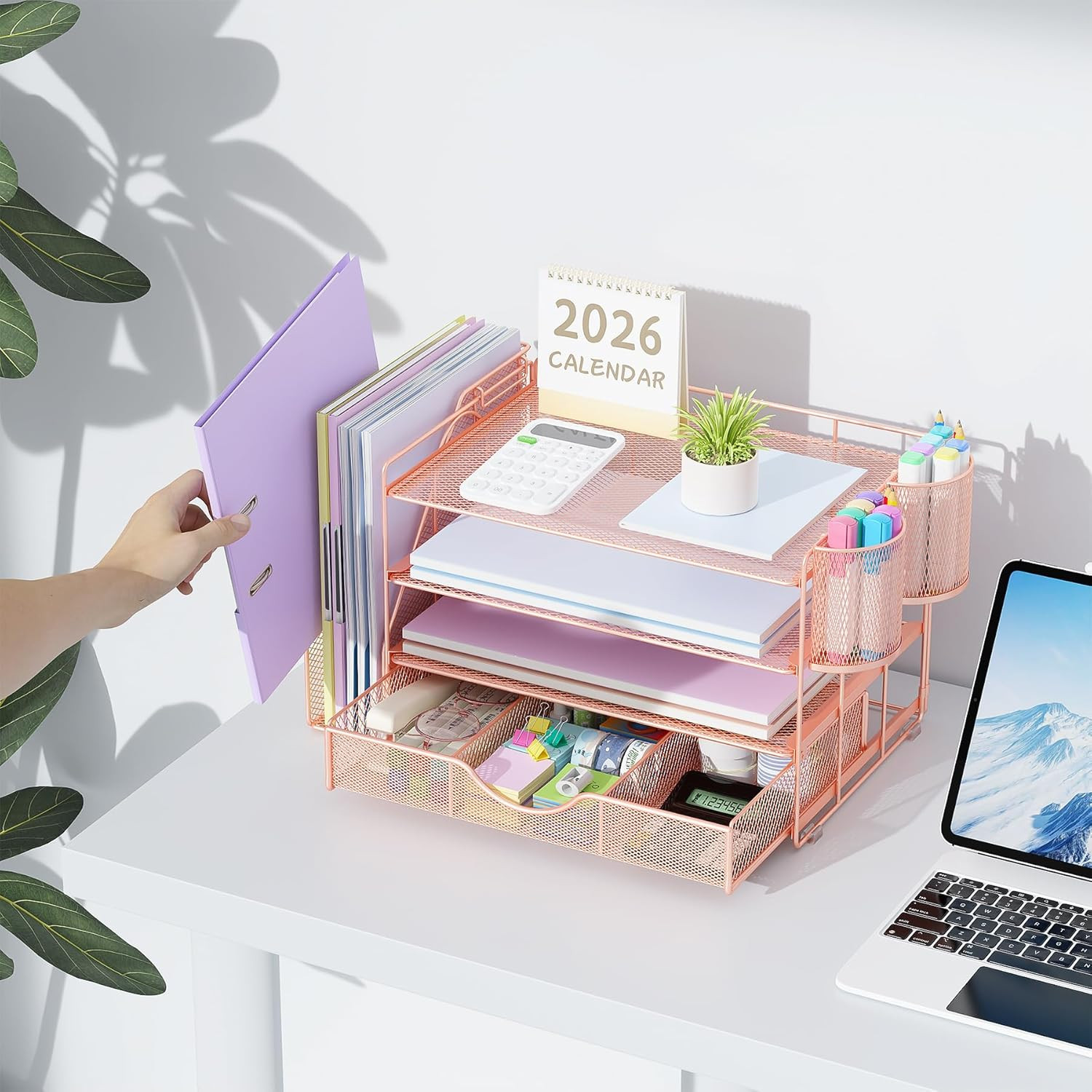 Desk Organizer with File Holder 4 Tier Office Supply Storage Rose Gold