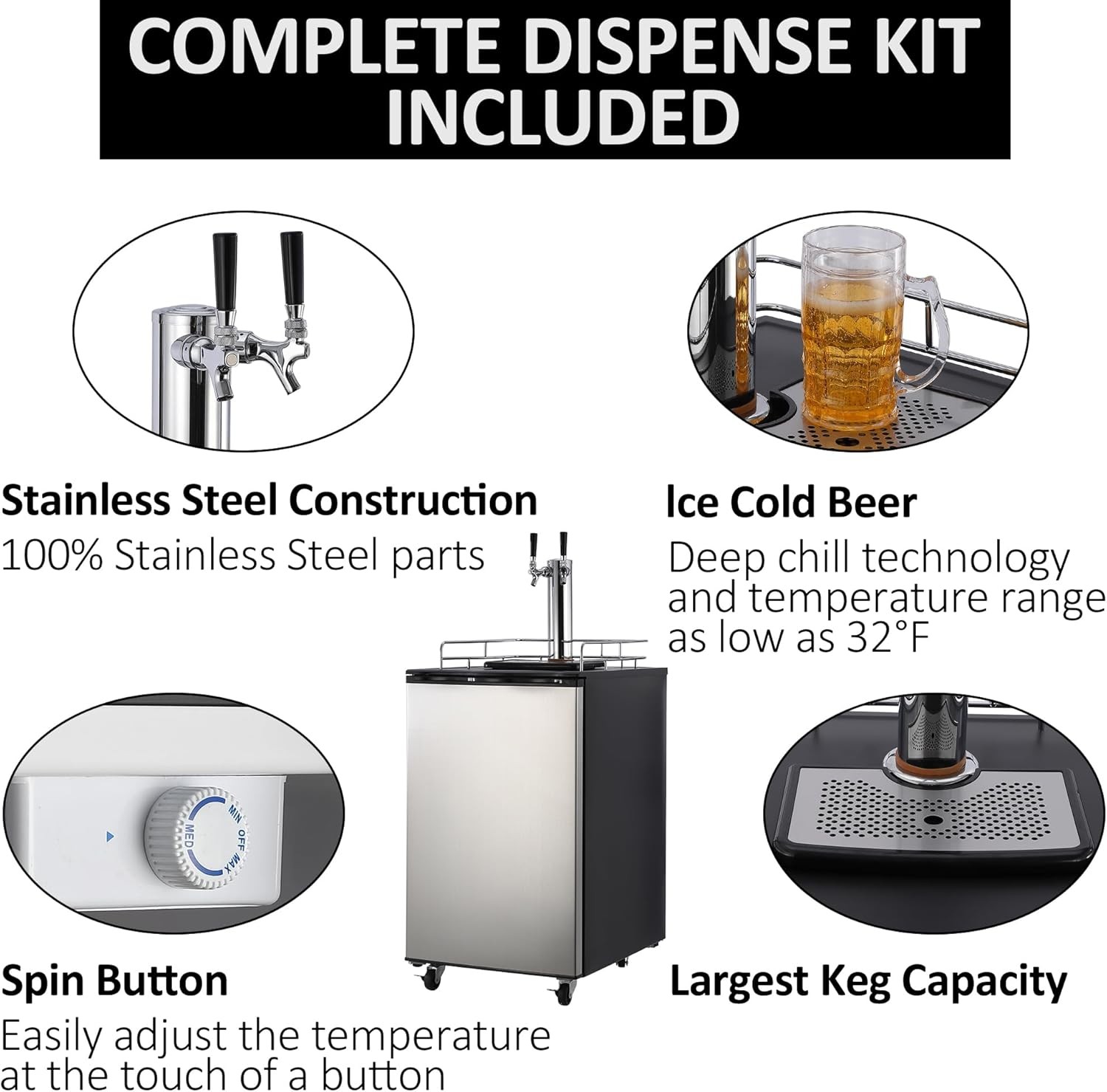 170L Beer Kegerator, Dual Tap Draft Beer Dispenser 32°f – 50°f Temp Control